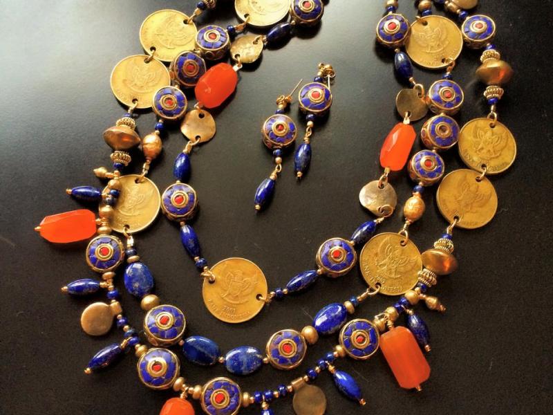 ROX Lapis, Sodalite, Carnelian and Brass Necklace with Tibetan Inlaid Coral and Lapis Beads, Indonesian Coins, Mali, Ghanaian, Ethiopiand Indonesian Brass