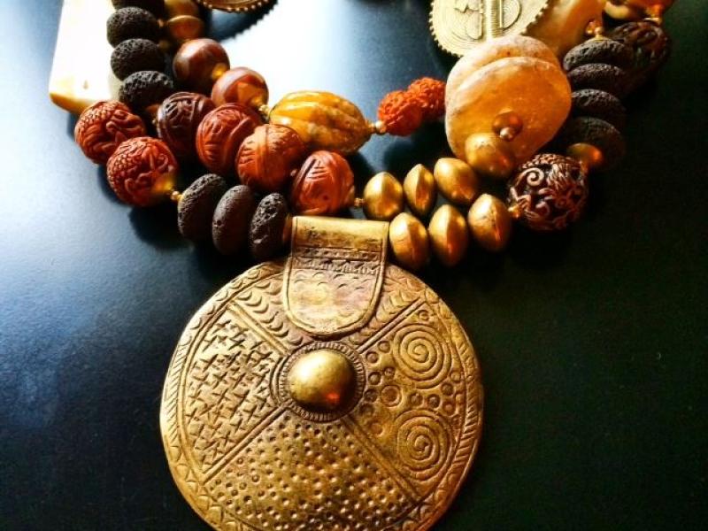 Ghanaian Brass Necklace with Raw Amber, Lava Rock, Jasper, Icara Nut, Rudraksha Seed, Carved Resin and Mali Brass