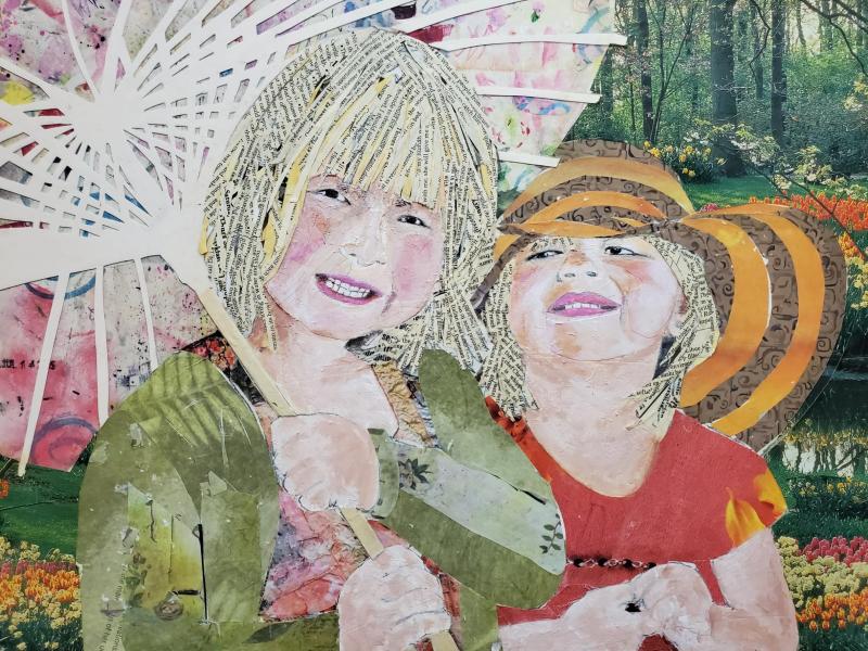 "Sisters" A torn and cut paper collage of two sisters, one with a parasol and the other with a floppy hat. Both are smiling.