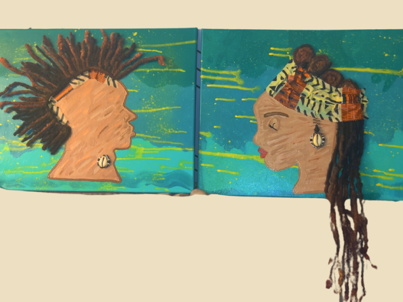 Male and female profiles, Mixed Media on 16 x 20 canvases (Acrylic paint, fabric, wire, beads, shell, and human hair)