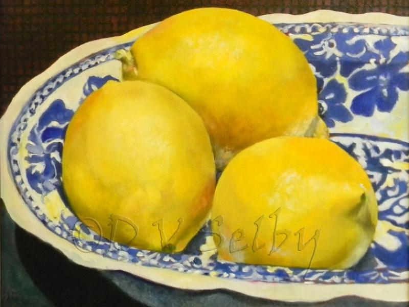 Oil Painting by De Selby of 3 Lemons Bowl view at www.dselby.com