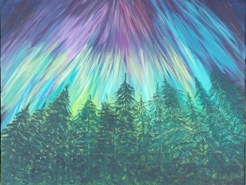 Aurora, forest, pine trees, purple, yellow, turquoise, by Dawn Cooper, Moonscribe