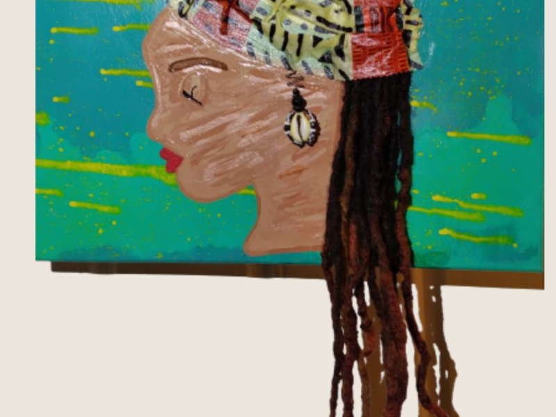 Woman profile, mixed media on canvas 16 x 20 (Acrylic paint, fabric, wire, beads, shell, and human hair)