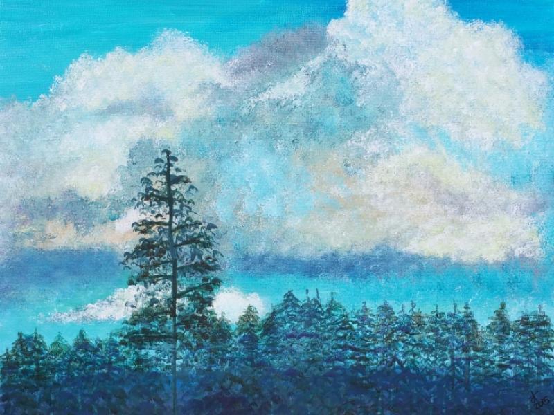 painting by Dawn Cooper, Moonscribe, landscape, California, blue, clouds, sky, trees, pine