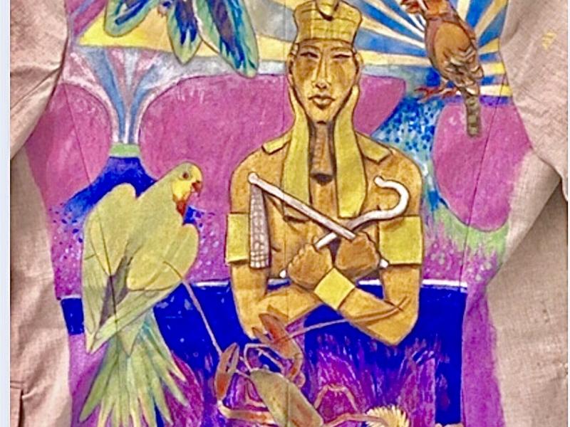 Pharaoh with Birds and Moth with a Stylized Rising Sun in Purples, Blue and Metallic Gold Acrylic Fabric Paint on a Blazer