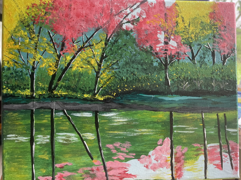 Painting of trees in fall by the river