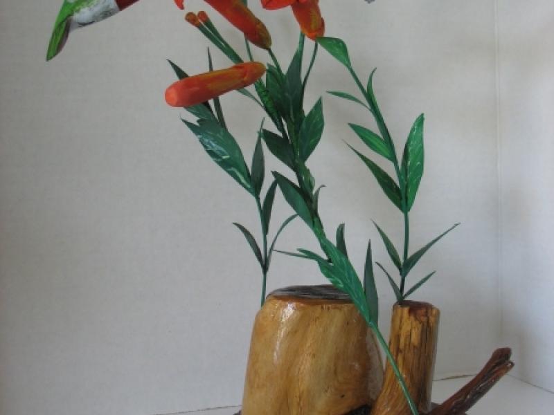 Carved Humming Birds On Trumpet vine flowers