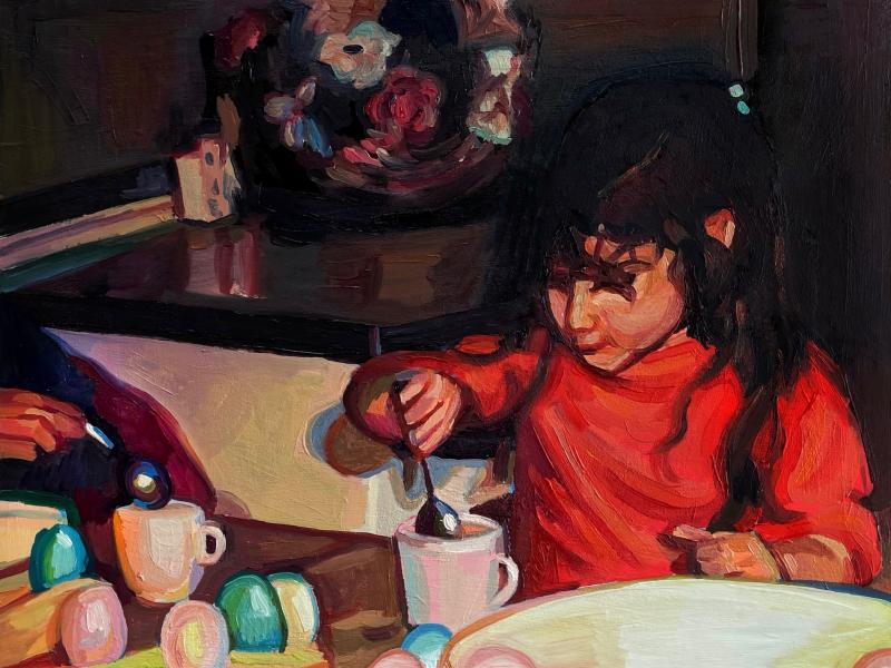 A little mid century girl dipping her Easter egg into the dye. She is very concentrated. The painting is dark and contrasty, giving an old camera vibe. 