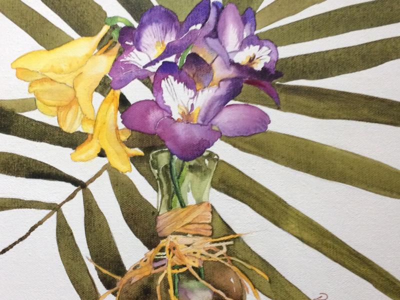 Freesias in small vase watercolor on canvas 12”x12”