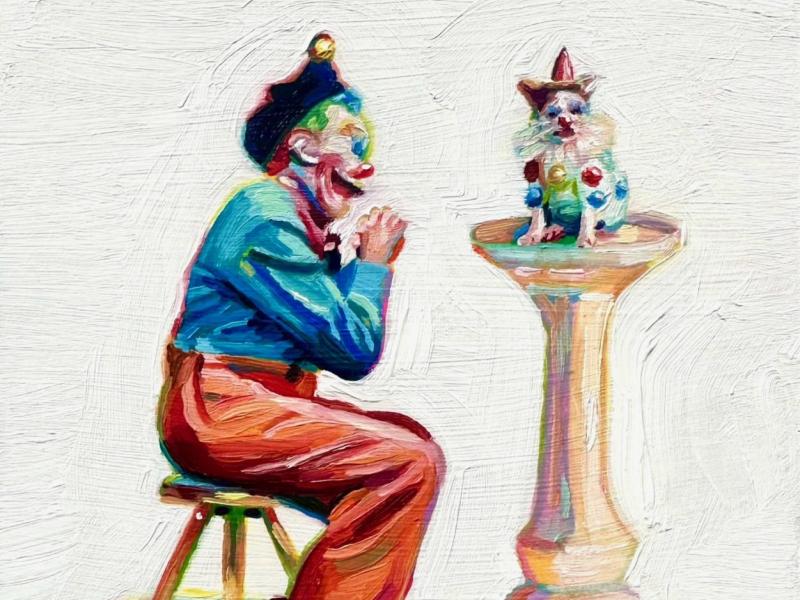 A chunk oil painting of a clown on a stool admiring his clown cat, which he has propped up onto a pedestal. 