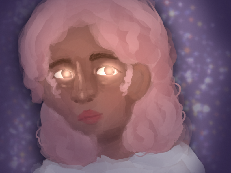 mixed girl with pink hair and glowing eyes