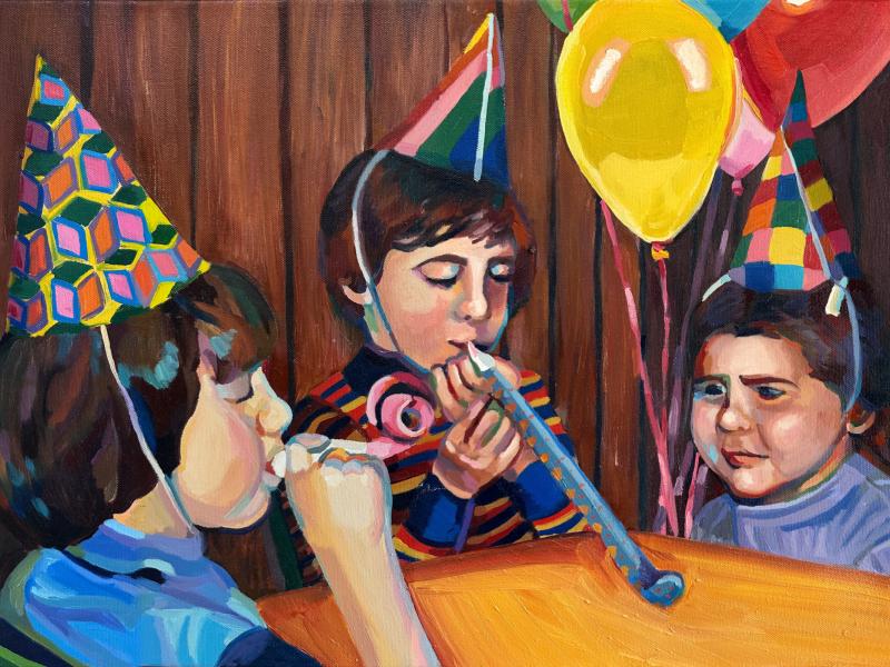 A colorful, brushy, chunky oil painting of three kids around a table at a birthday party. Balloons are in the background and they have party hats on. The boys are using noise makers and the girls is visibly annoyed. 