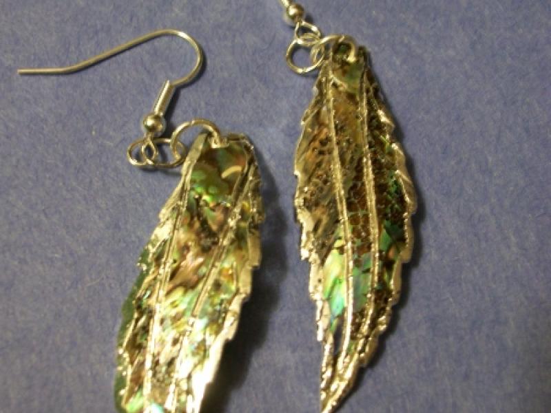 Paua (abalone) shell feather shaped earrings