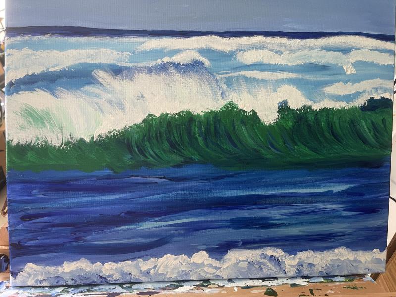 Painting of ocean colors with crashing waves.