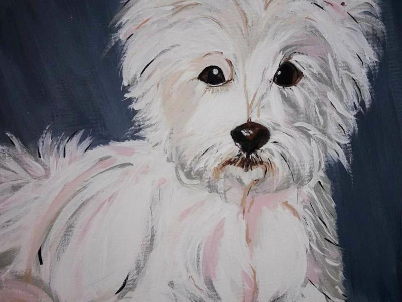 Small white dog portrait painted on canvas.