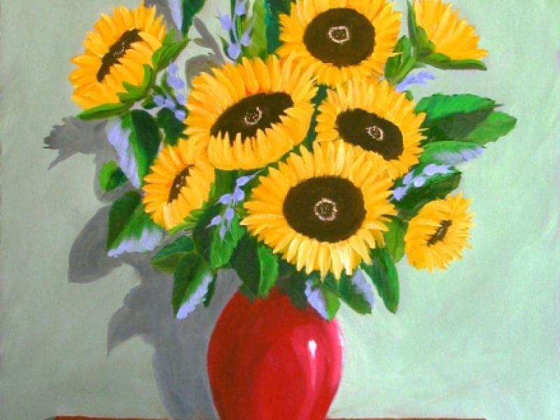 Sunflowers in Red Vase