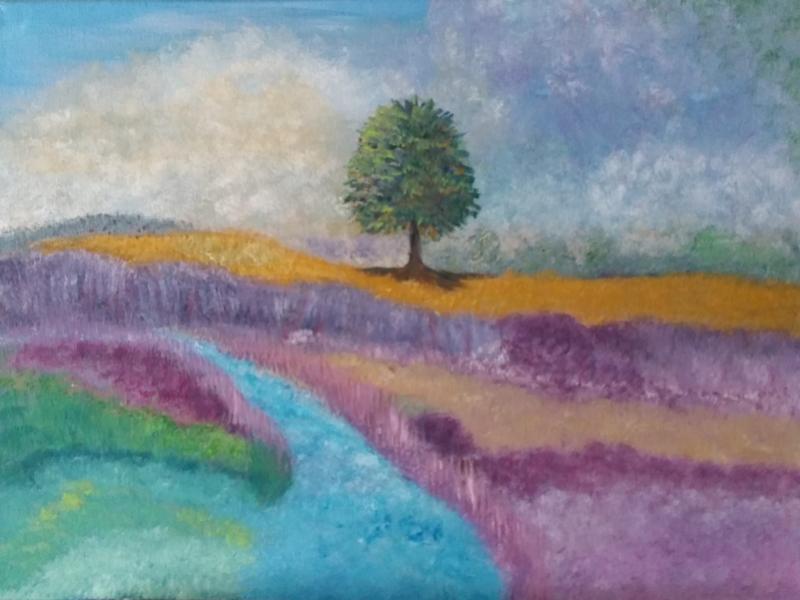 tree, painting by Dawn Cooper, Moonscribe, blue, purple, gold, landscape, clouds