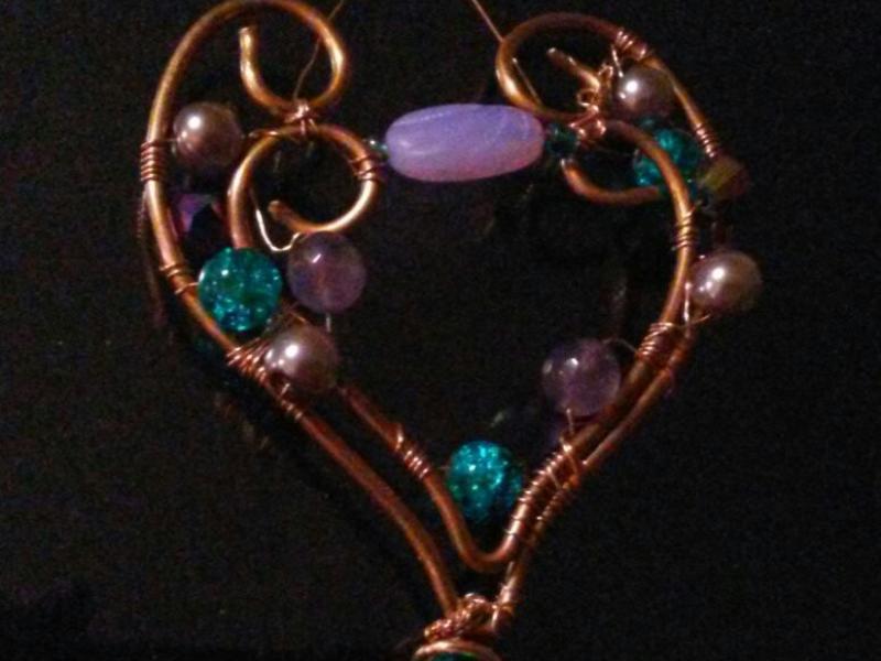 Wire wrapped heart with semi precious beads
