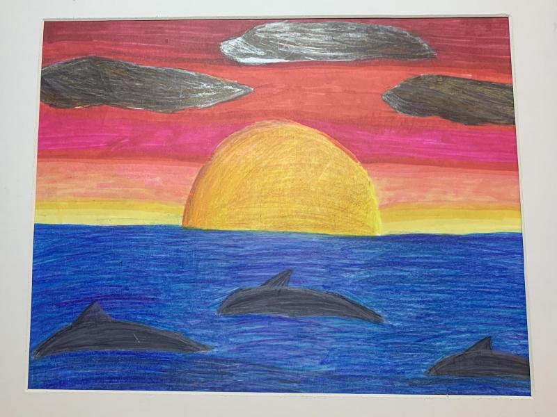 colored pencil and marker drawing of an ocean sunset