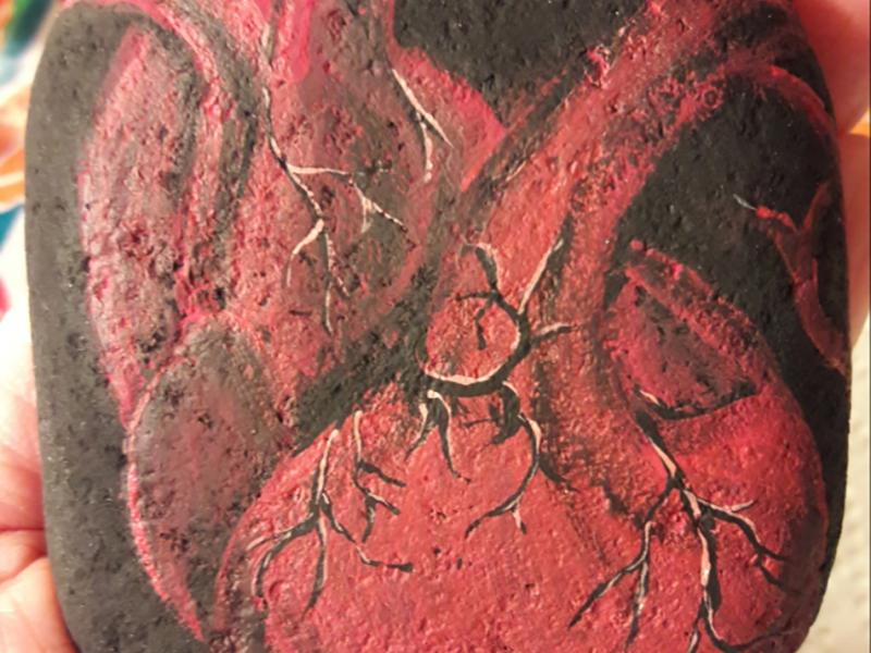 Acrylic painting of heart organ on rock.