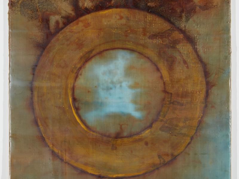 Encaustic painting, pigment sticks, beeswax, demar resin, Eco dying, transfer of rust to fabric