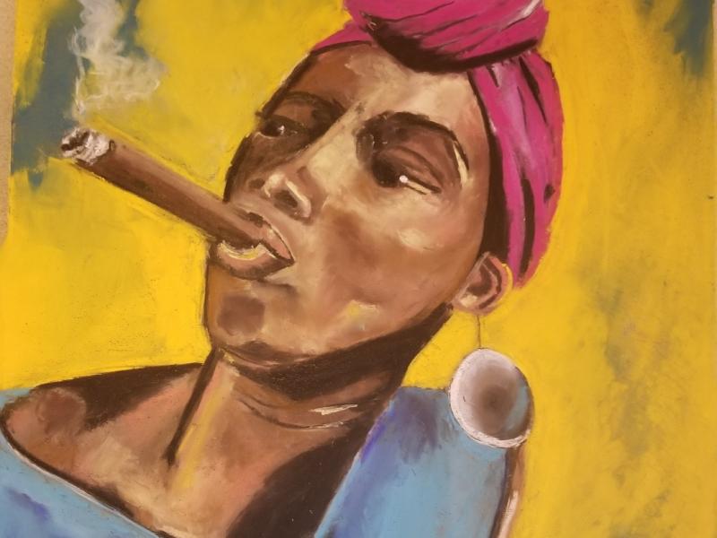 pastel image of woman smoking cigar