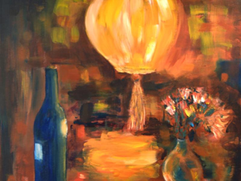 Lamp, Bottle, Flowers