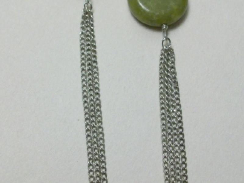 Silver chain tassel earrings with green serpentine beads and tourmaline chips