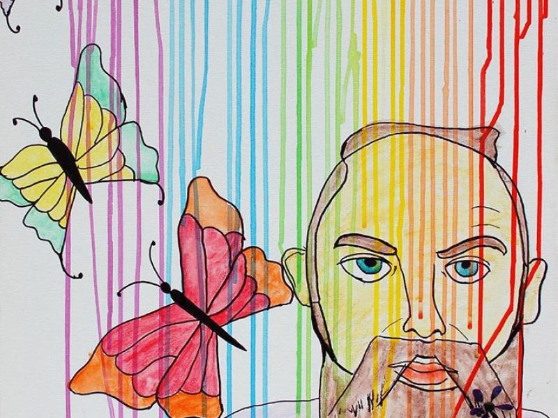 rainbow drips and butterflies surround a man with nailpolish flowers in his beard