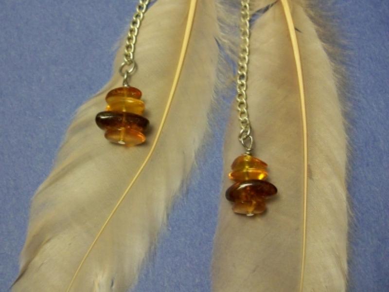 Pink feather earrings with amber chips