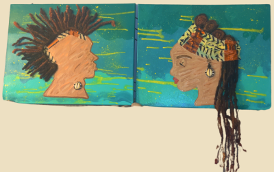 Male and female profiles, Mixed Media on 16 x 20 canvases (Acrylic paint, fabric, wire, beads, shell, and human hair)