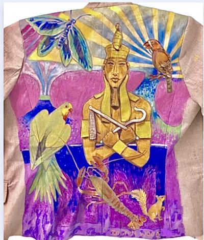 Pharaoh with Birds and Moth with a Stylized Rising Sun in Purples, Blue and Metallic Gold Acrylic Fabric Paint on a Blazer