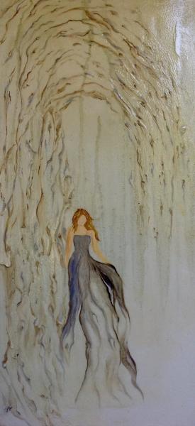 exquisite oil painting of woman and willow tree