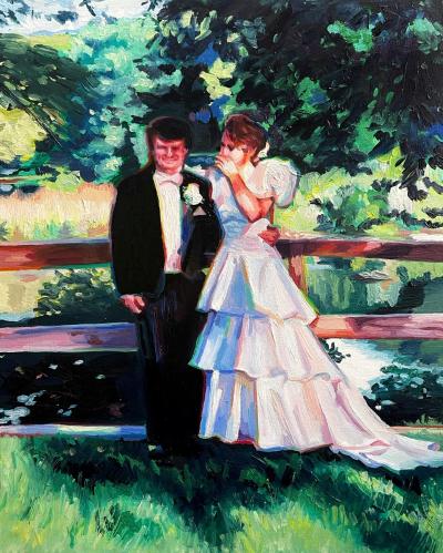 A couple from the 1980s on their wedding day. They are in front of a beautiful lake with lots of greenery. The paint is chunky and colorful oil paint. 
