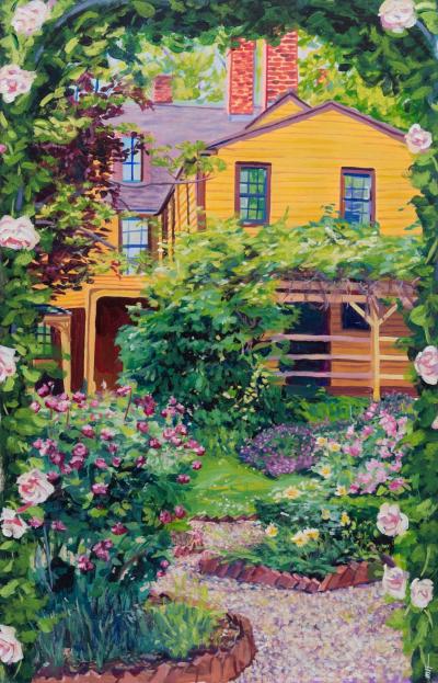 An acrylic painting of a historic house and garden from Hartford, CT. There are tons of beautiful flowers everywhere and there is a rose arch around the edges. 