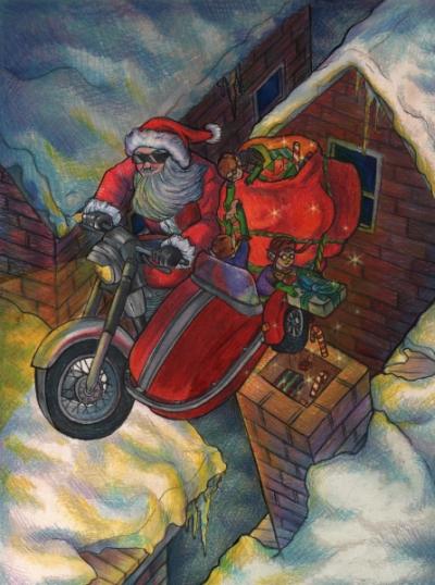 Santa, Christmas,  Motorcycle, Seasons, Red, Elf, Magical, Cool 