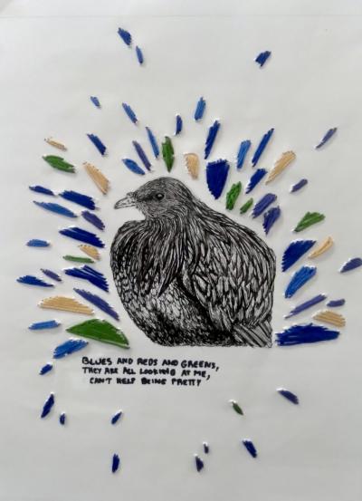 Nicobar pigeon with text that says Blues and reds and greens, they are all looking at me, can't help being pretty
