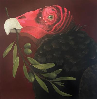 Profile of turkey vulture with olive branch in beak, dark red background