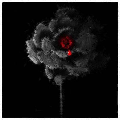 Manipulated photograph of a flower with red center