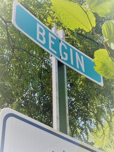 a street sign by a tree that says "begin"