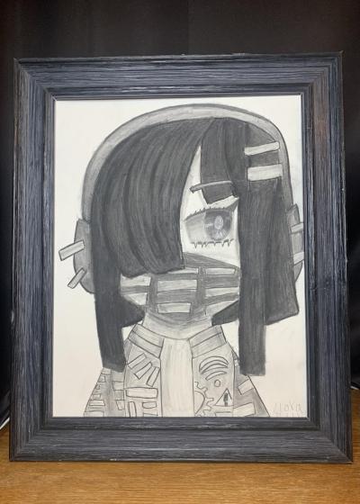 Pencil on paper drawing of a girl wearing a mask
