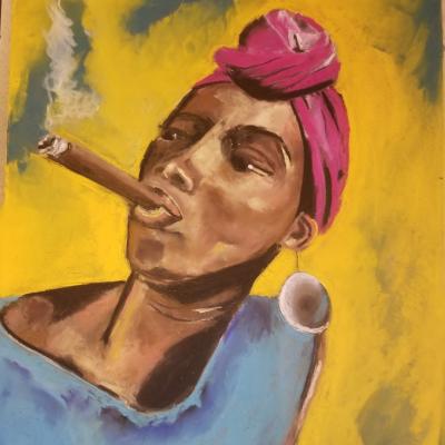 pastel image of woman smoking cigar
