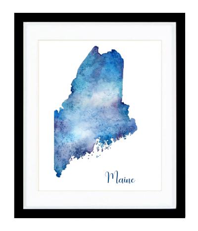 Watercolor painting of the State of Maine with islands.