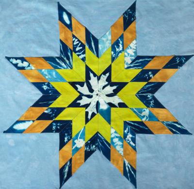 Lone star quilt pieces with hand dyed cotton and cyanotype prints