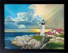 Keeper of the Coast, oil on canvas, 16x1x20 . The magnificent portland light house along Maine coast with a beautiful view towards the ocean with a dramatic sunrise through the clouds.