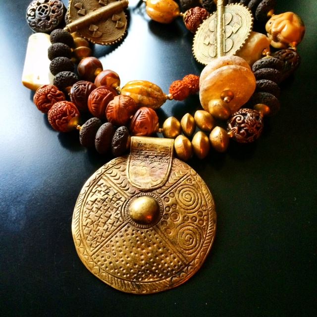 Ghanaian Brass Necklace with Raw Amber, Lava Rock, Jasper, Icara Nut, Rudraksha Seed, Carved Resin and Mali Brass
