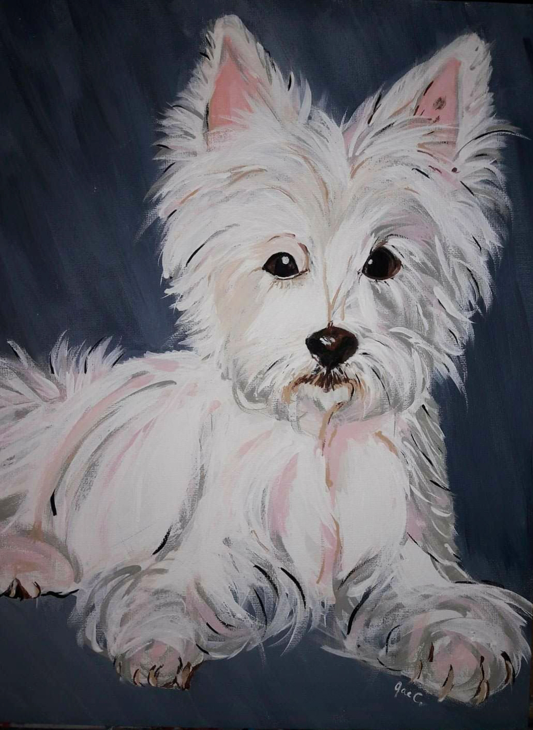 Small white dog portrait painted on canvas.
