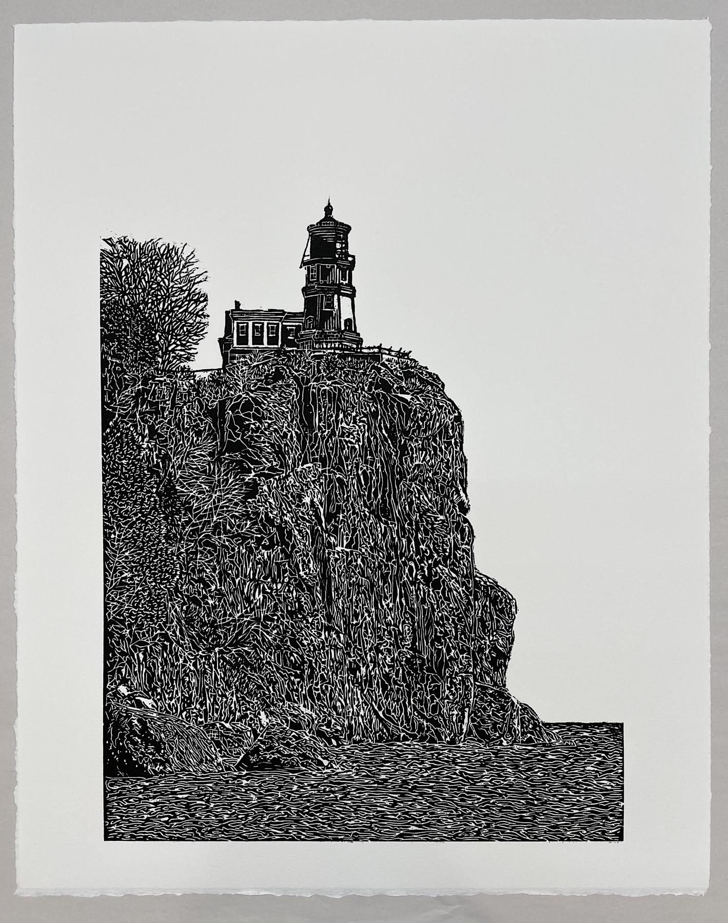 A carved image of Split Rock Lighthouse located on Lake Superior. It is a black and white, carved relief print that is incredibly dense and detailed depicting the light house, rocky ledge, and shoreline.