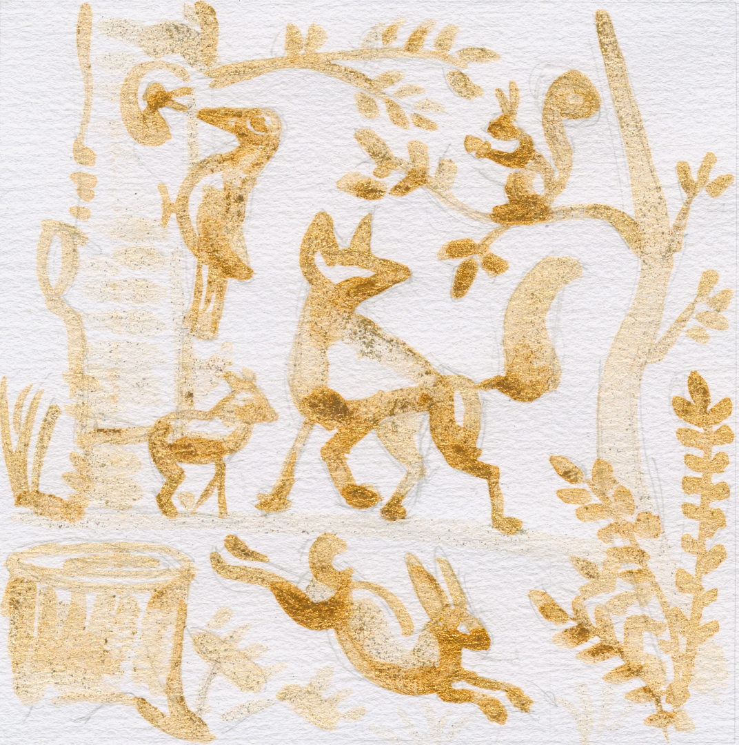 Gold gouache painting of woodland creatires: a fox, rabbit, squirrel and birds.