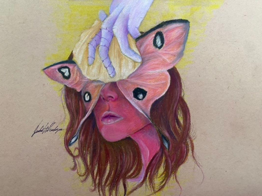 combination of charcoal and Prisma color pencils